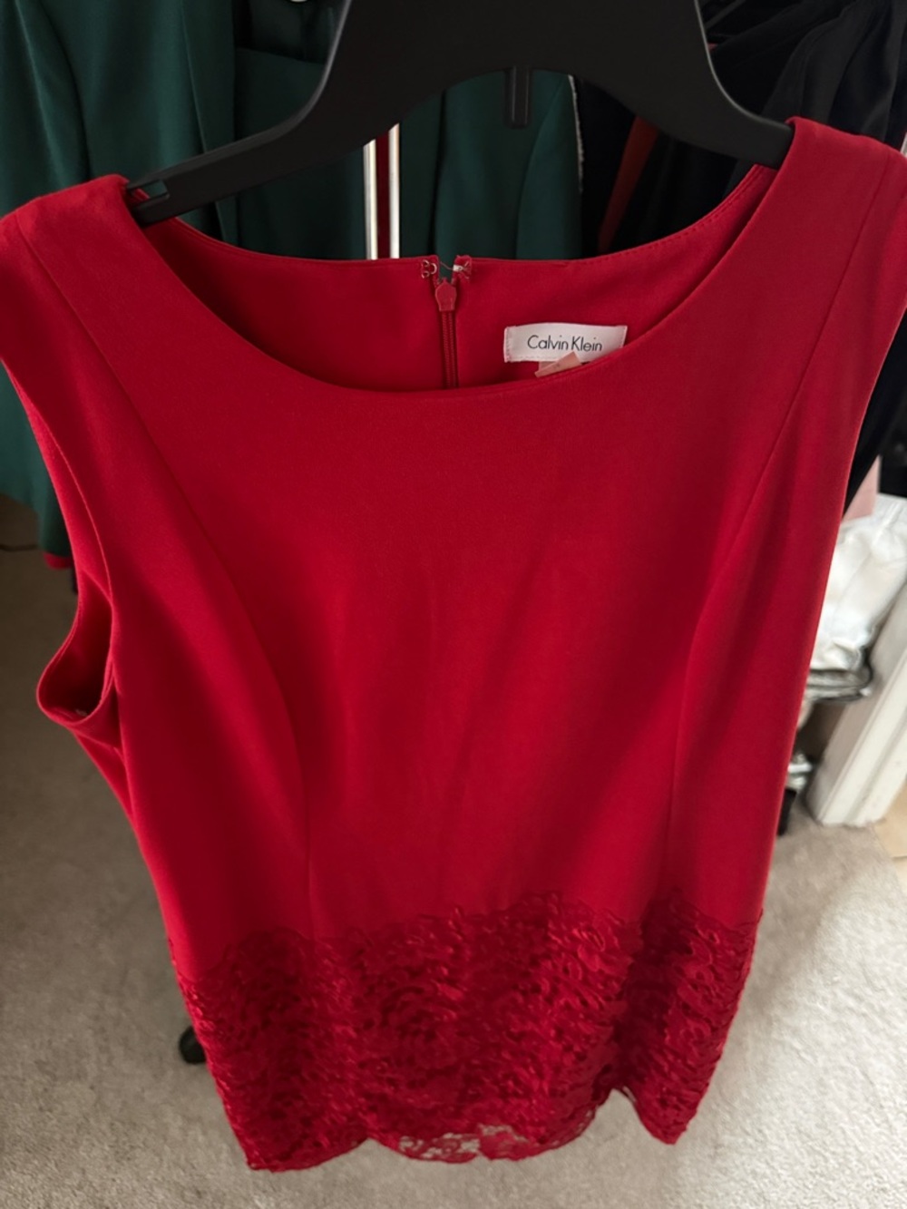 Calvin Klein Red Sleeveless Midi Dress with Lace Hem